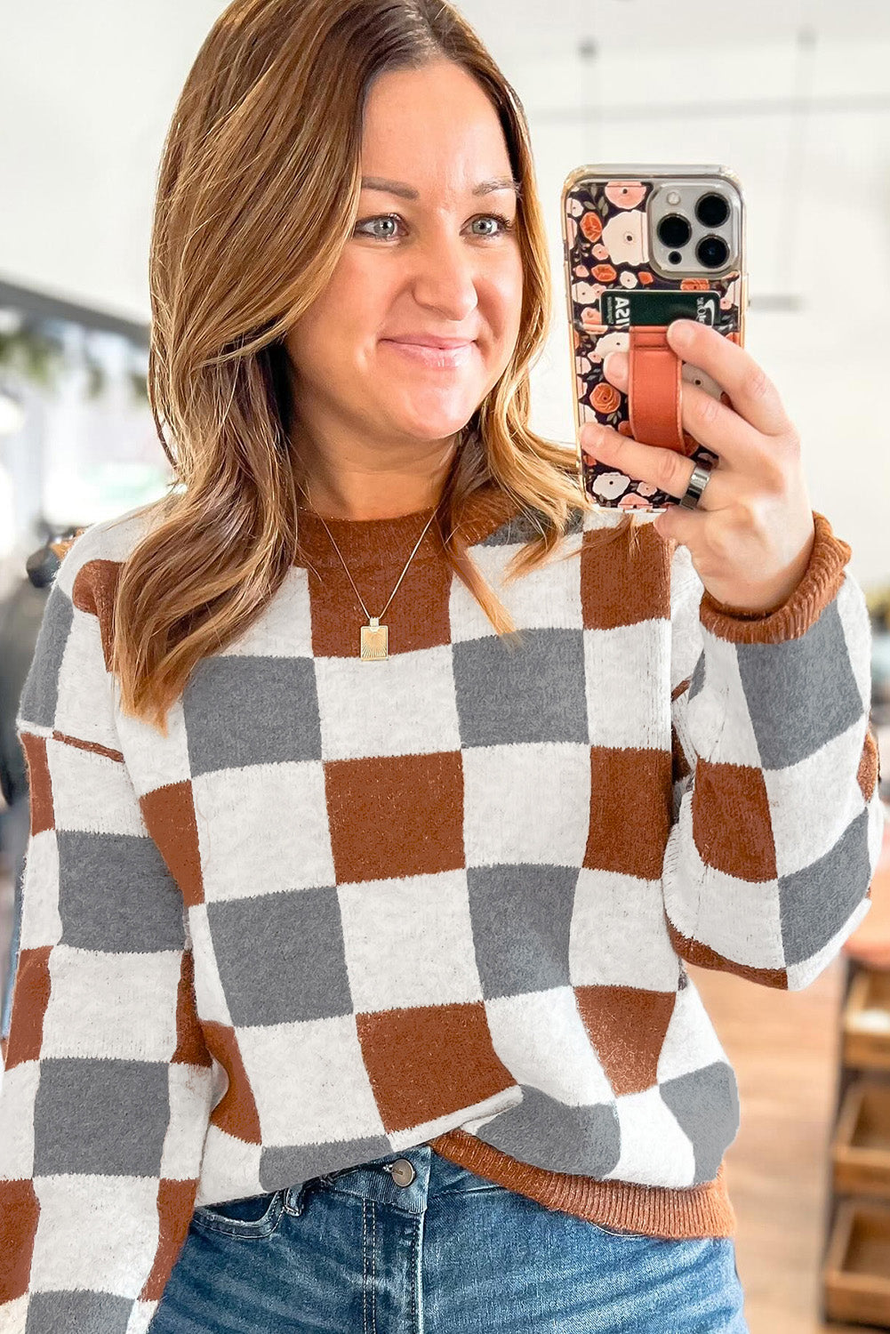 Brown Plus Size Checkered Crewneck Sweater Cozy Knit Dear-Lover Dropshipping